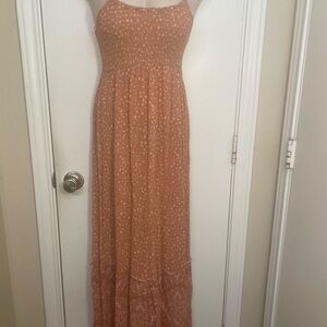 Tan & Pink Floral Smocked Maxi Dress